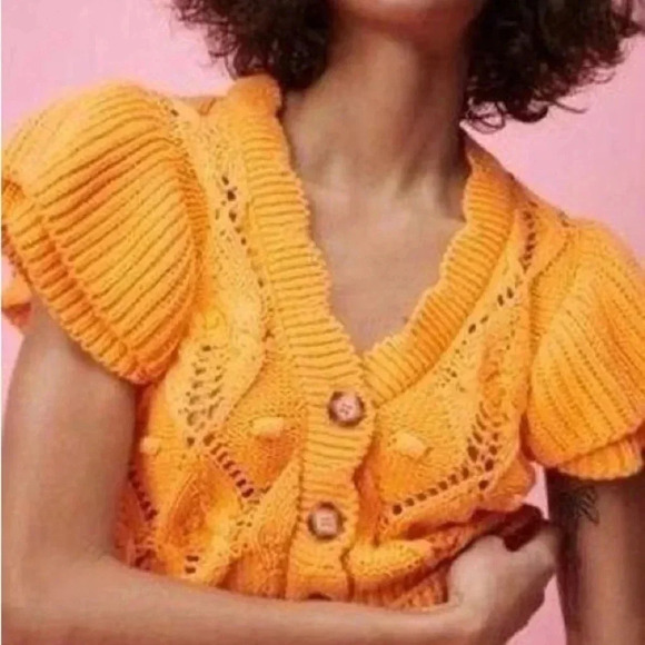 ZARA | Bloggers Fav Orange Knit Ruffled Sleeves Buttoned Short Cardigan Size M - Picture 2 of 15